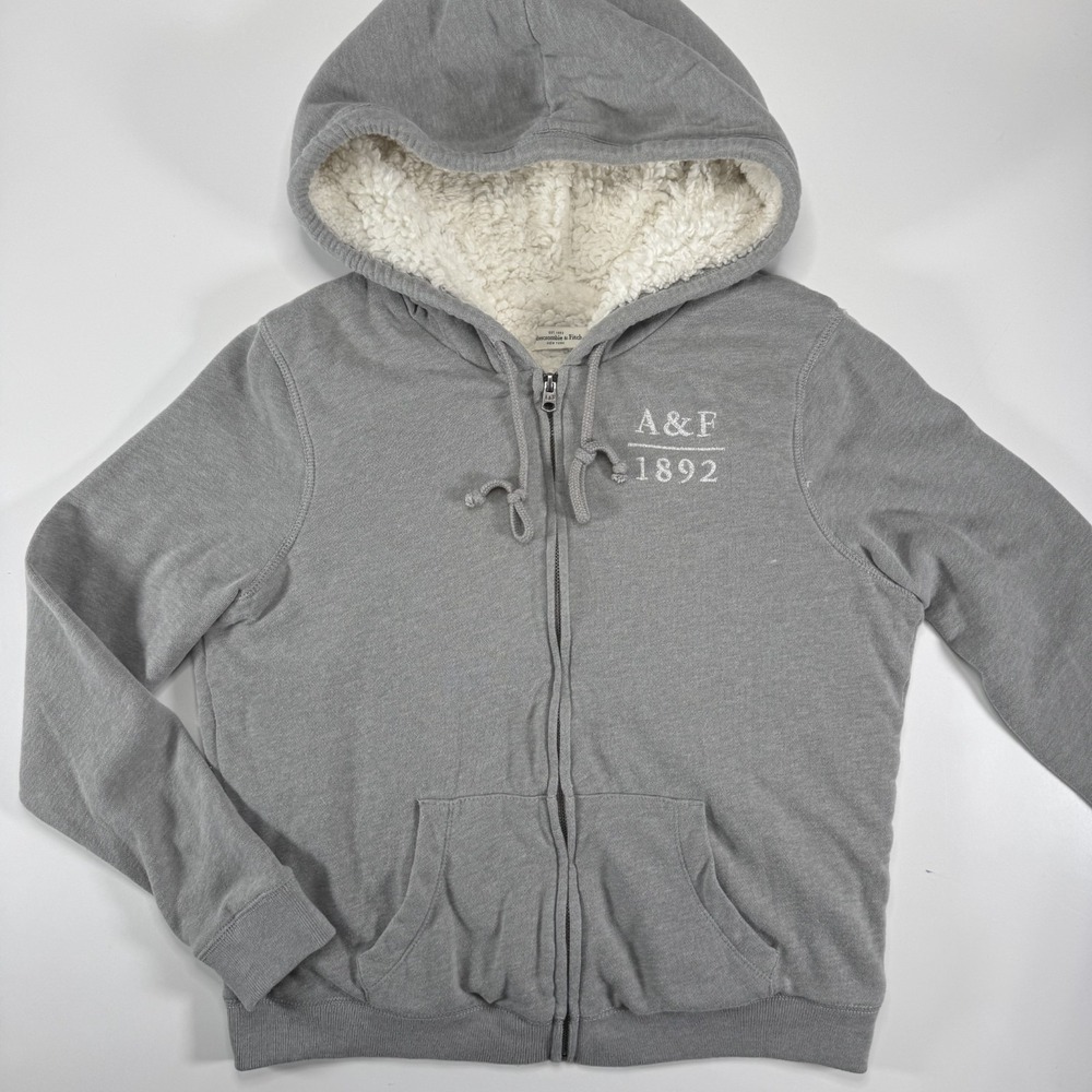 ABERCROMBIE & FITCH Sherpa Fleece Lined Zip Up Hoodie Jacket Womens Large Gray